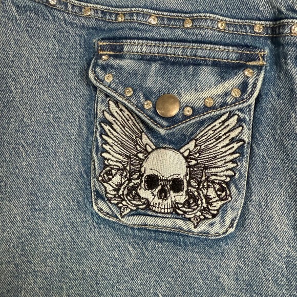 Social Collision Denim Mini Skirt Small Y2K Grunge Skull Cross Studded - Picture 8 of 13